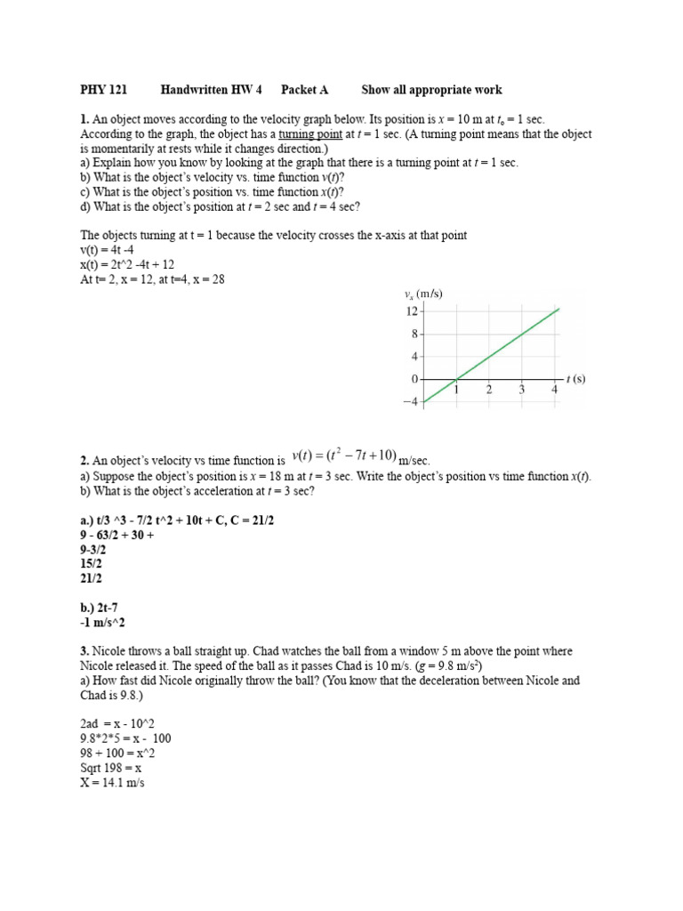 PHY 121 Handwritten HW 4 Packet A Show All Appropriate Work 1 | PDF ...