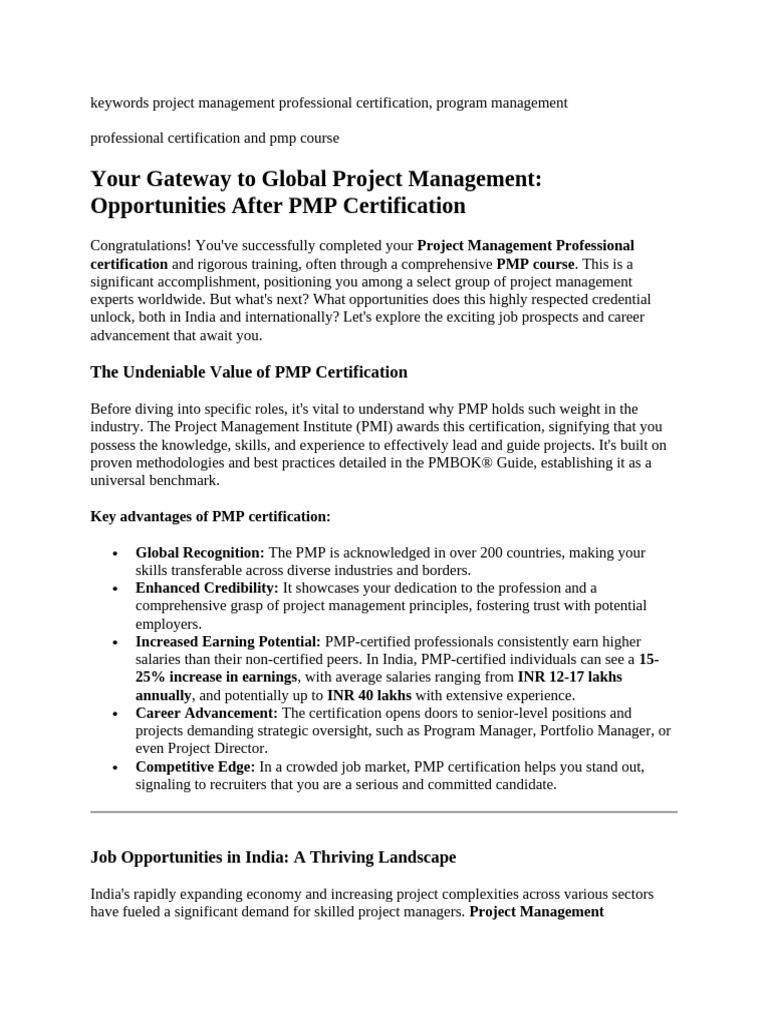 PMP Certification Career Opportunities | PDF | Project Management ...