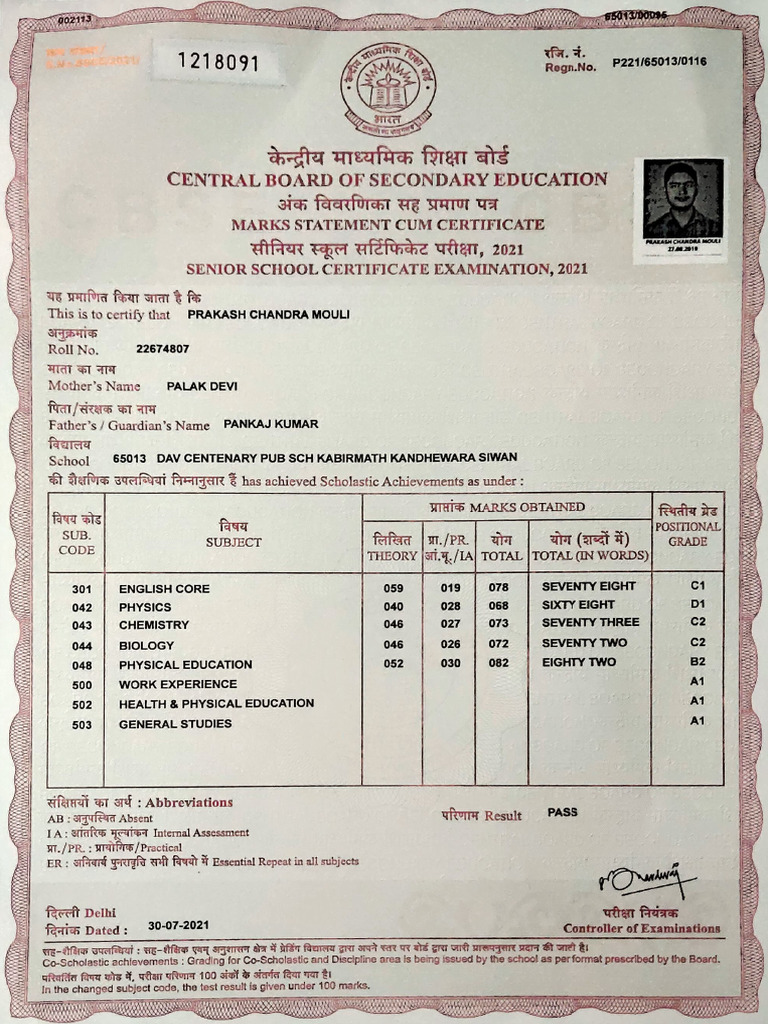Class Xii Marksheet | PDF