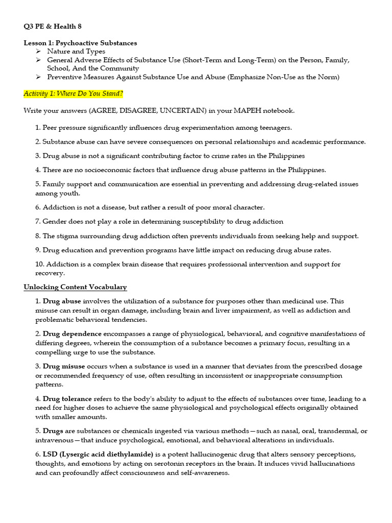Q3 PE Health 8 - Lessons 1 3 | PDF | Psychoactive Drugs | Substance Abuse