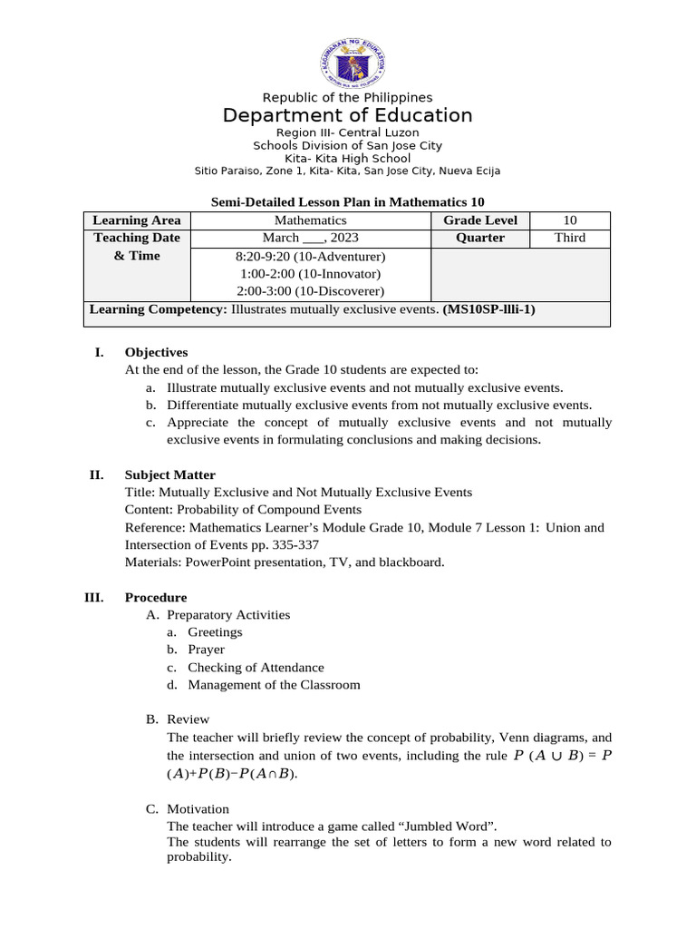 Grade 10 Math Lesson Plan on Probability | PDF | Probability | Learning