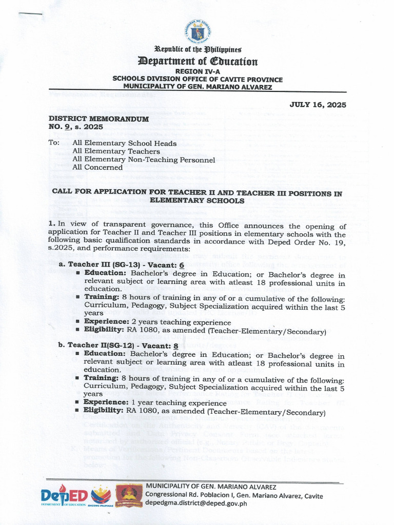 DM NO. 9 S.2025 Call For Application For Teacher II and Teacher III ...