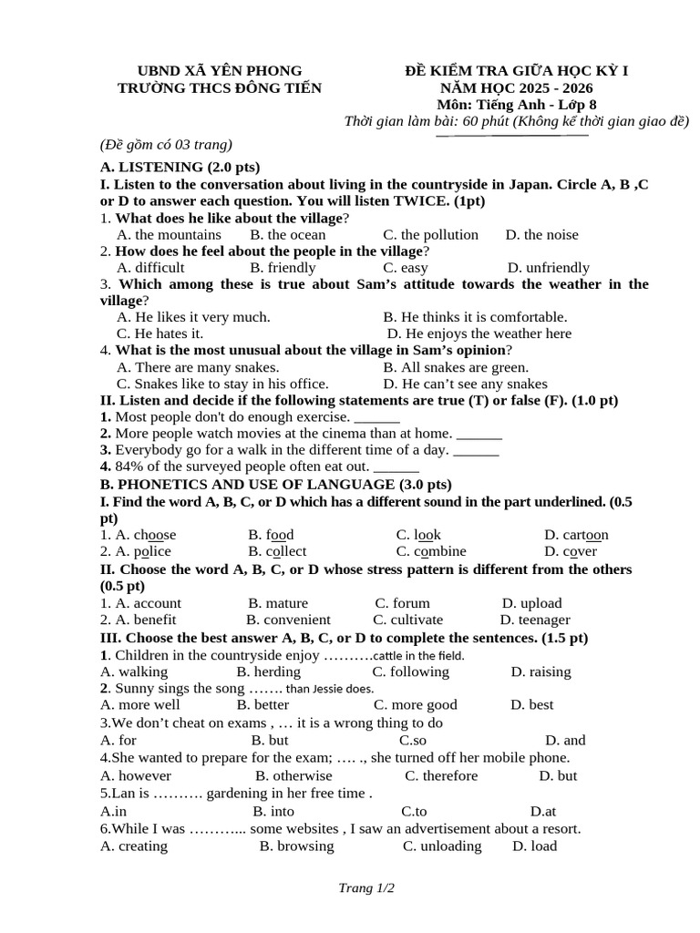 English Test for 8th Grade Students | PDF