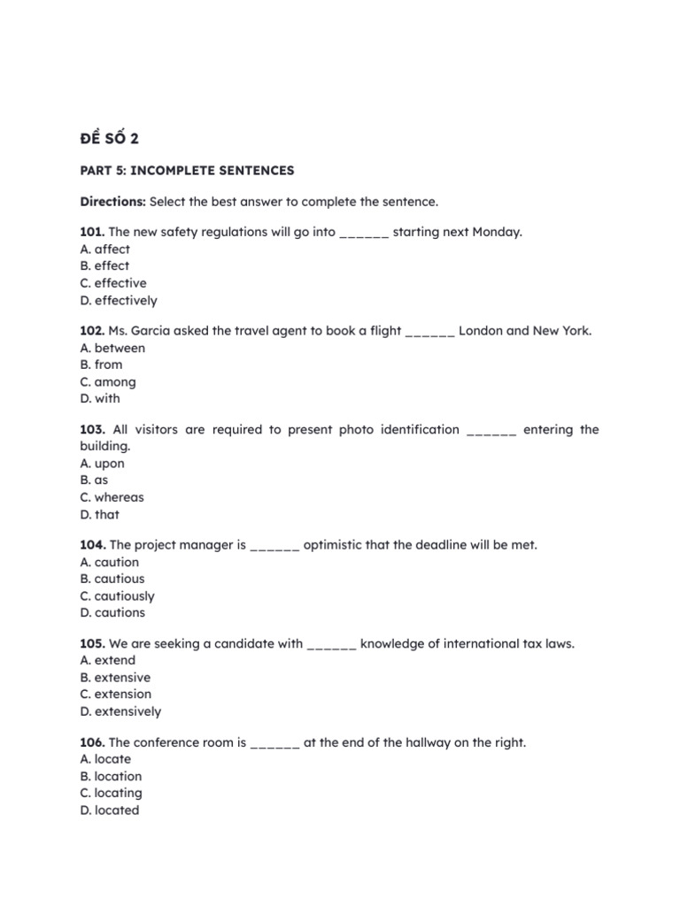 Incomplete Sentences Practice Test | PDF | Elevator | Chef