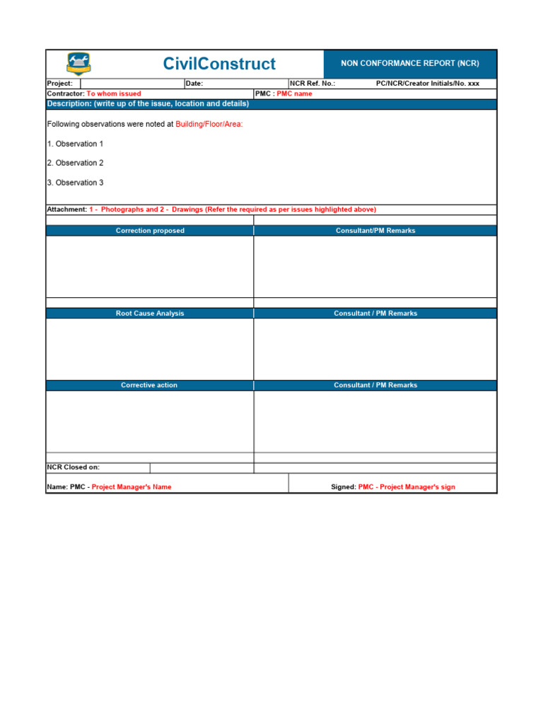 Non-Conformance Report (NCR) Template | PDF