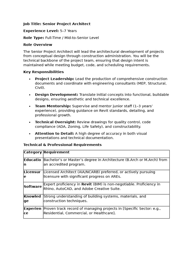 Senior Project Architect Job Overview | PDF