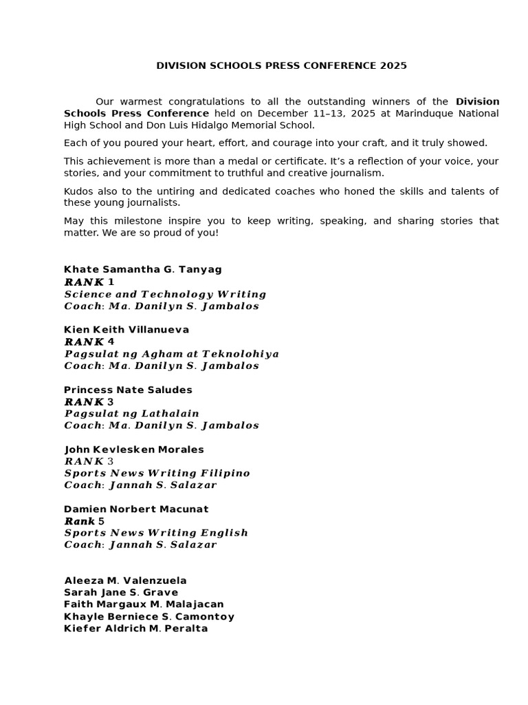 Division Schools Press Conference 2025 | PDF
