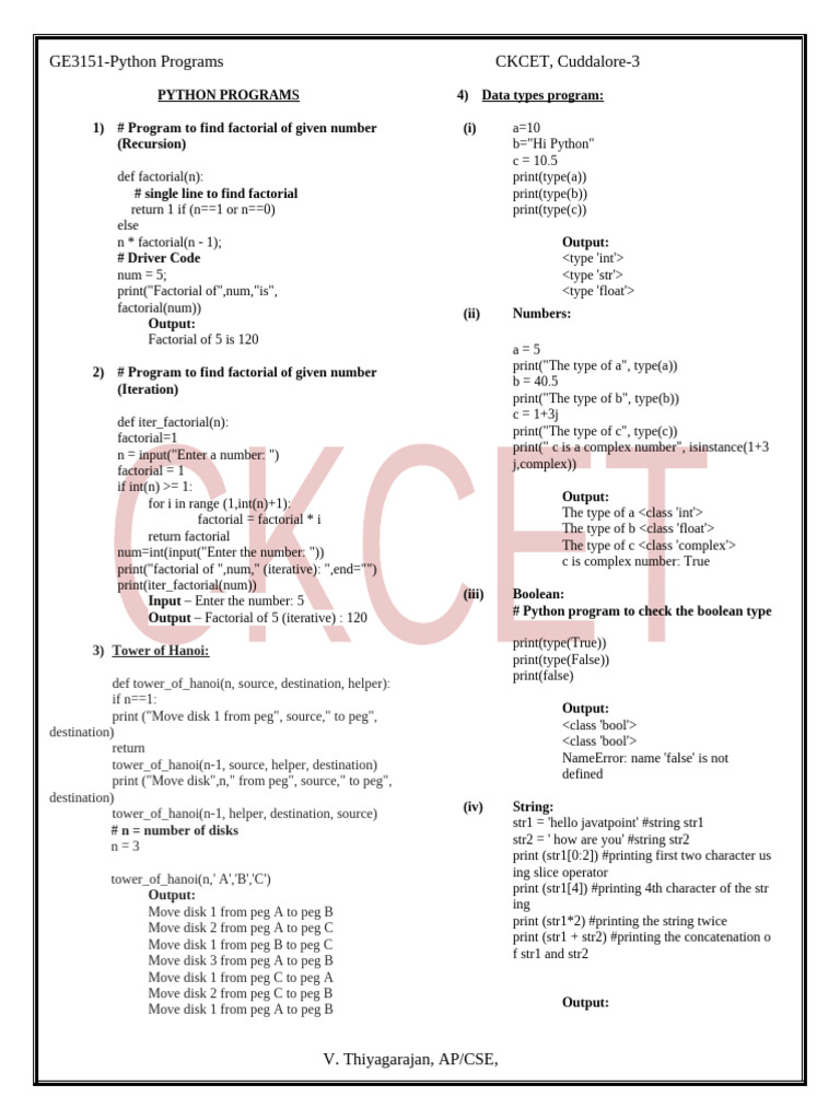 Python Programs: Factorial, Data Types, Loops | PDF | C++ | Python ...