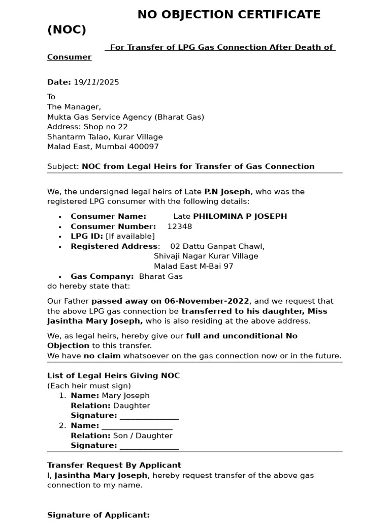 NOC for LPG Connection Transfer After Death | PDF