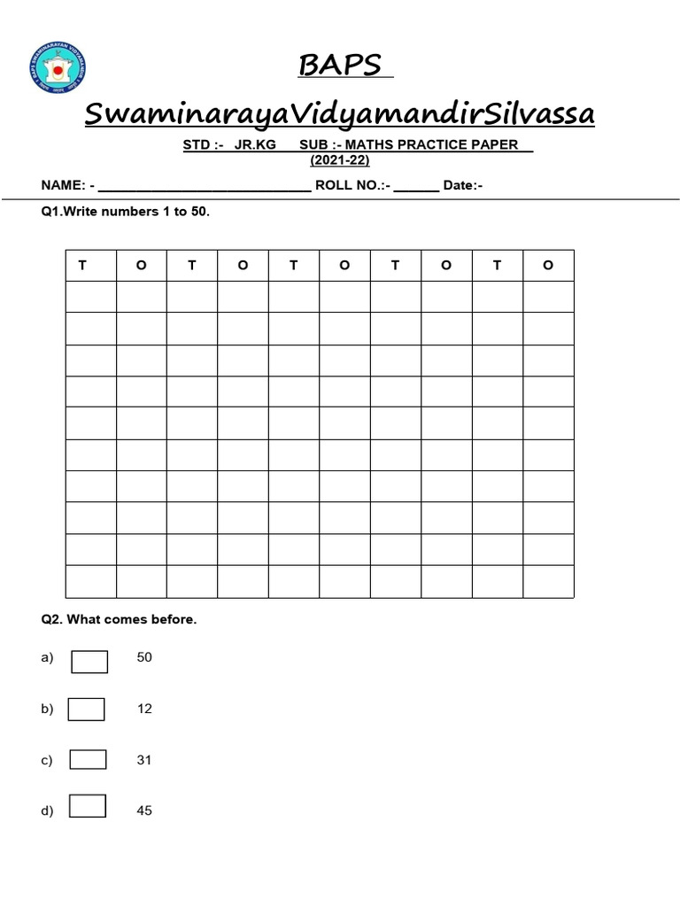 JR.KG Maths Practice Paper 2021-22 | PDF