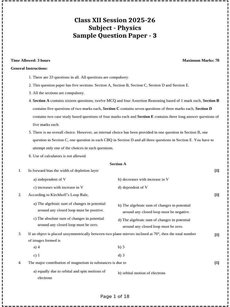 Class XII Physics Sample Question Paper | PDF | Inductor | Capacitor