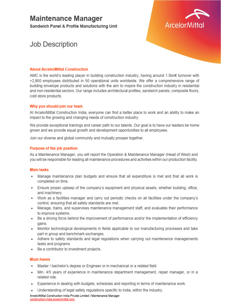 Maintenance Manager Job at ArcelorMittal | PDF | Skill | Communication