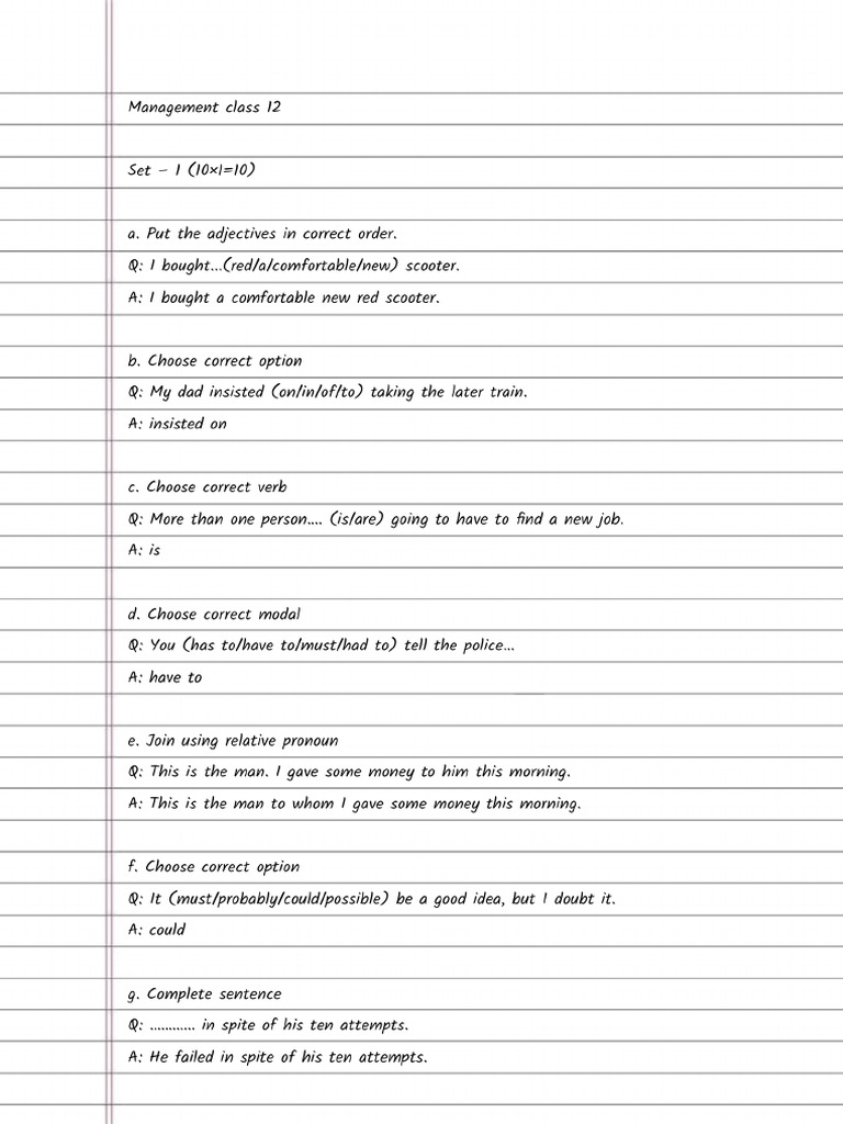Class 12 Set Question English Grammar Management | PDF