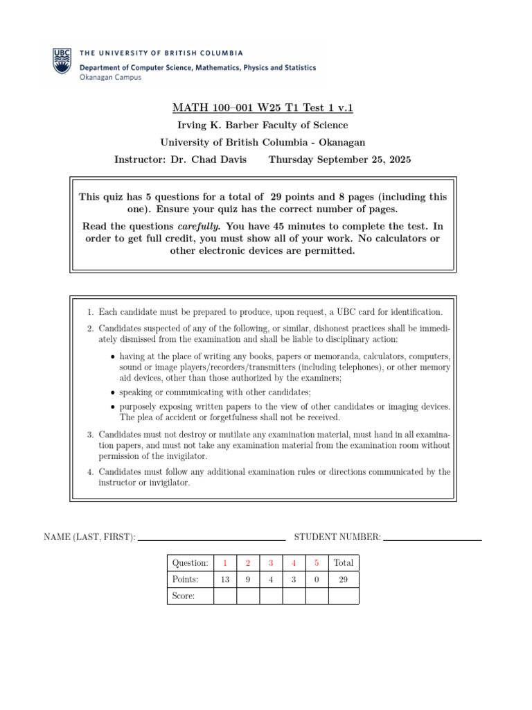 UBC MATH 100 Test 1 Instructions and Questions | PDF | Asymptote | Infinity