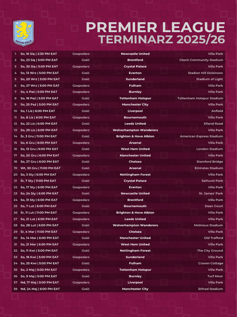 Aston Villa Premier League 2025 - 26 Schedule-1 | PDF