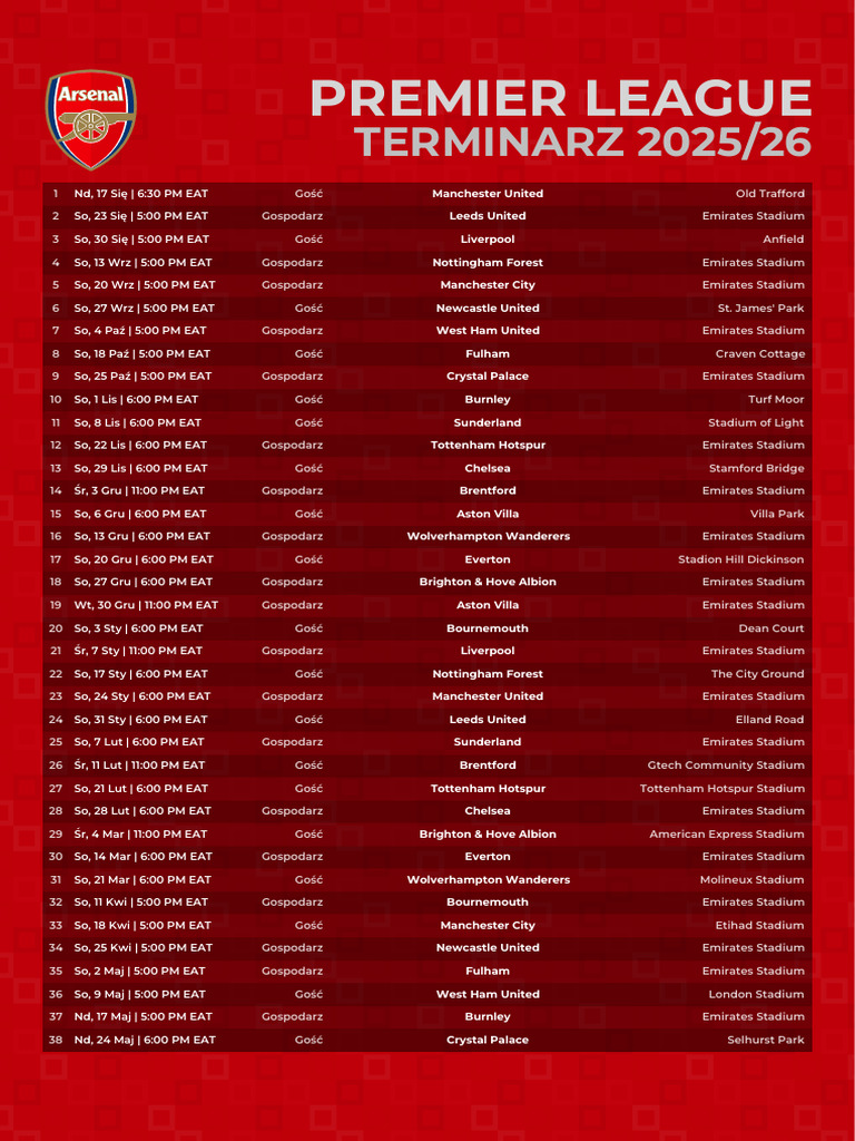 Arsenal Premier League 2025 - 26 Schedule-1 | PDF