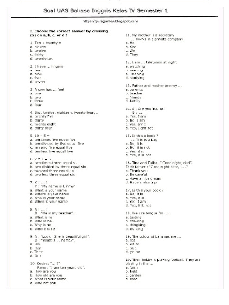 Soal Sas Eng. Kls4. s1. Kumer | PDF