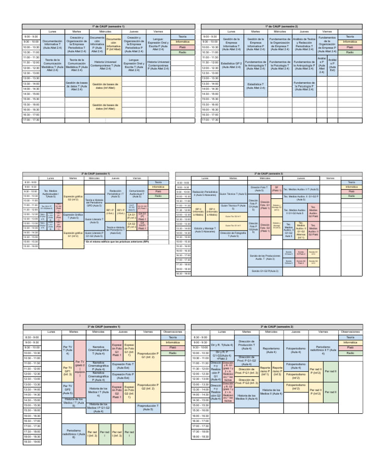 Horarios de Clases CAUP Semestres 1 y 2 | PDF