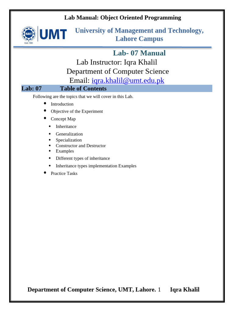 OOP Inheritance Lab Manual UMT | PDF | Inheritance (Object Oriented ...