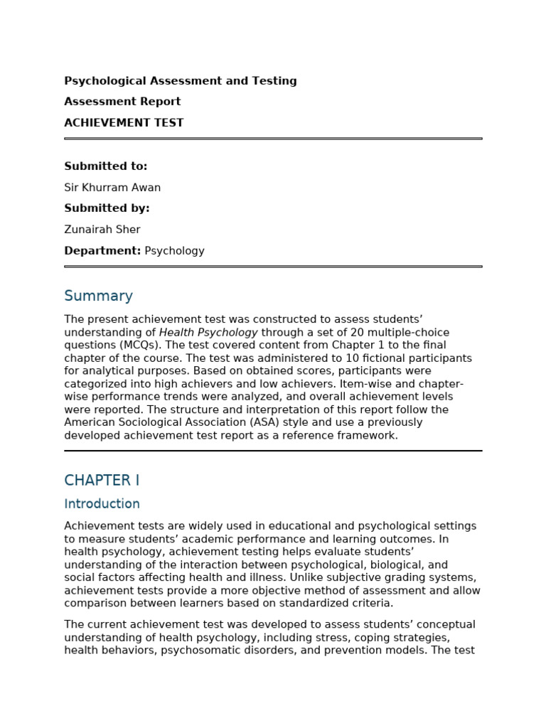 Health Psychology Achievement Test Report | PDF | Multiple Choice ...