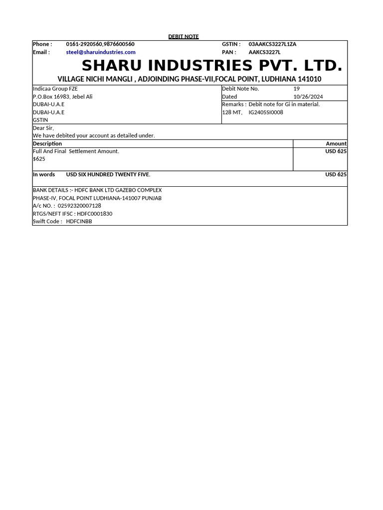 Debit Note for Material Settlement | PDF