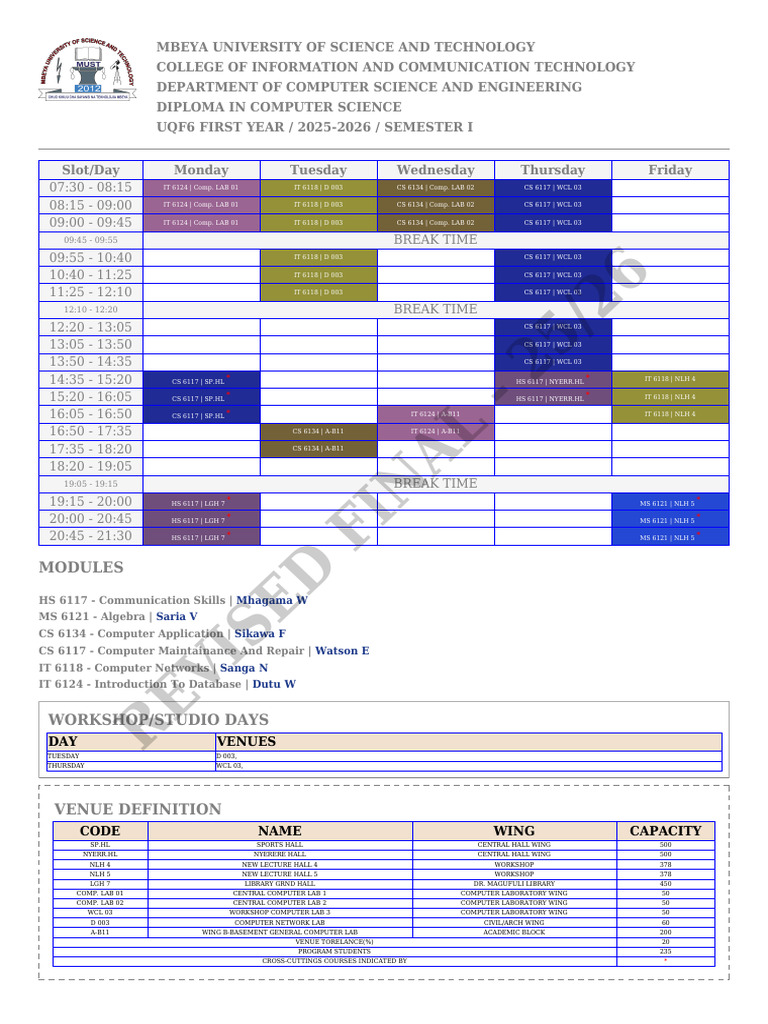 Mbeya University Computer Science Timetable | PDF | Libraries ...