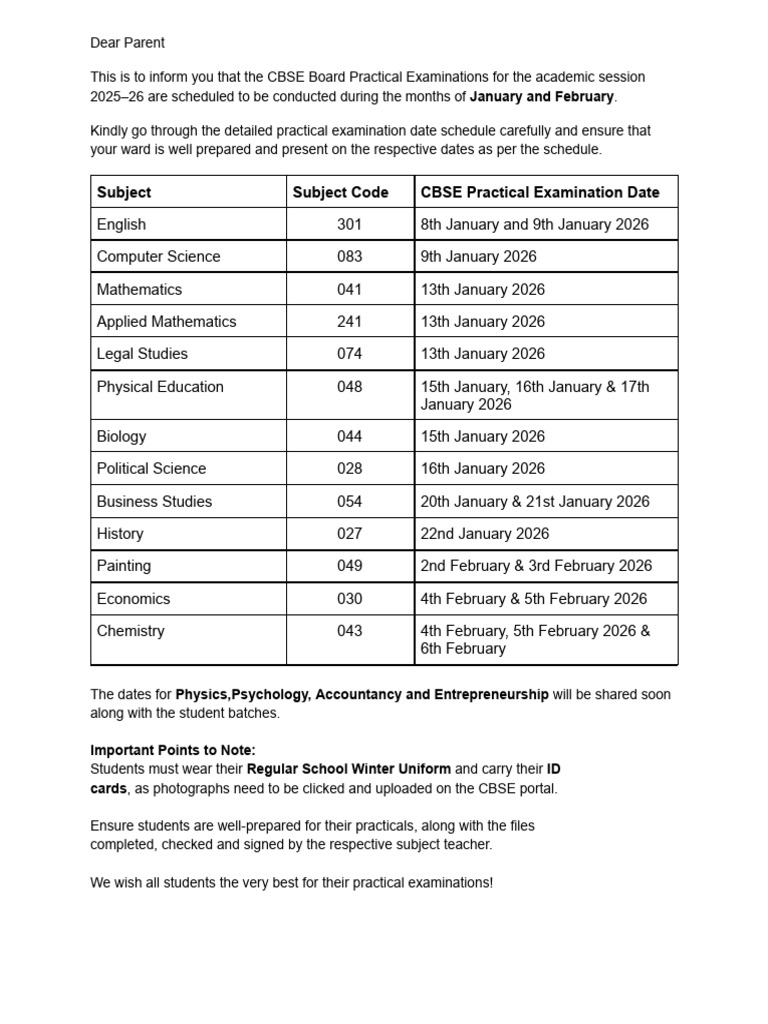 CBSE 2025-26 Practical Exam Schedule | PDF