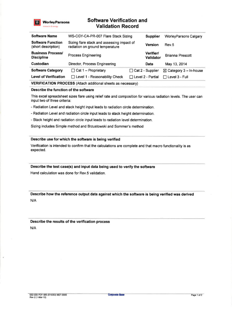 Validation Record WS-CGY-CA-PR-007 - Flare Stack Sizing (Rev 5) | PDF