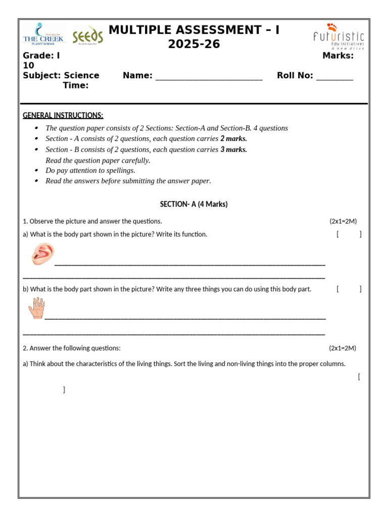 Grade 1 Science Assessment 2025-26 | PDF