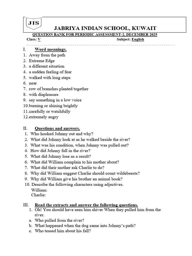 Class V English Assessment Question Bank | PDF