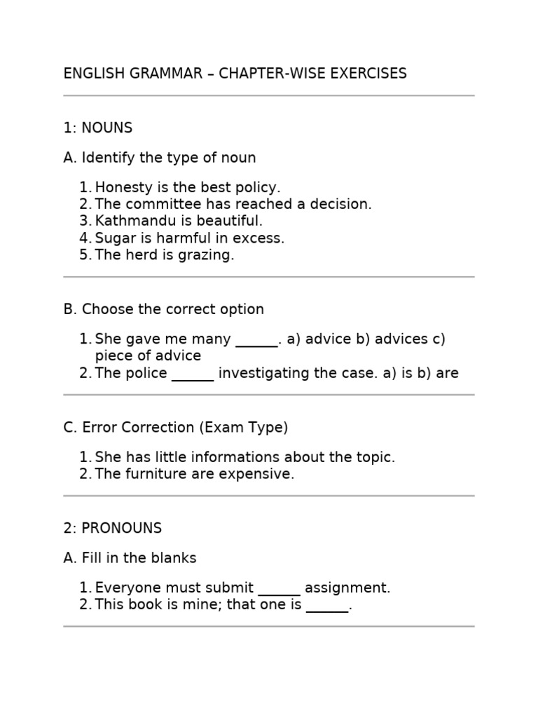 Chapter-wise English Grammar Exercises | PDF | Verb | Noun