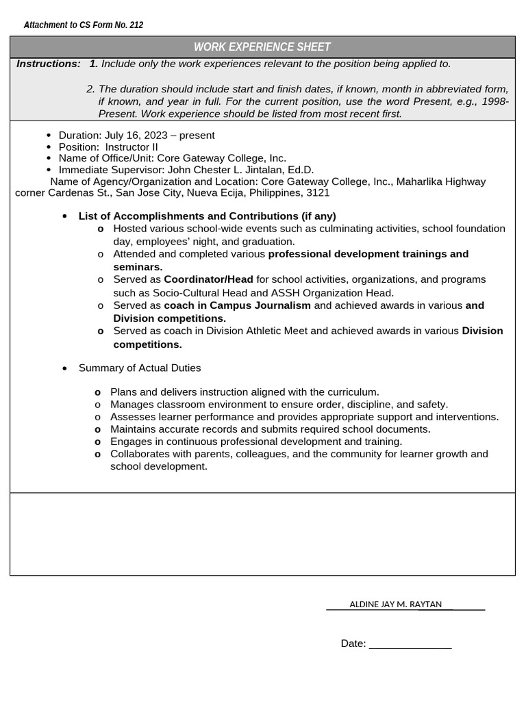 Work Experience Sheet for Instructor II | PDF | Teaching | Pedagogy