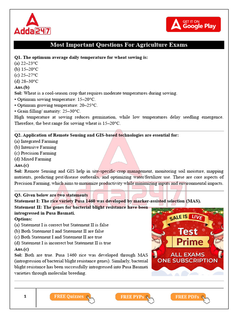 Key Agriculture Exam Questions & Answers | PDF | Agriculture | Rice