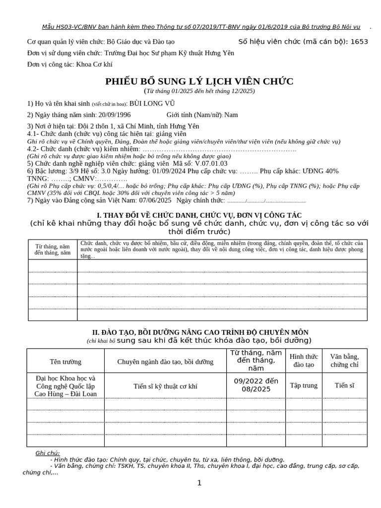 Phieu Bo Sung LLVC Hang Nam (Mau Hs03) | PDF