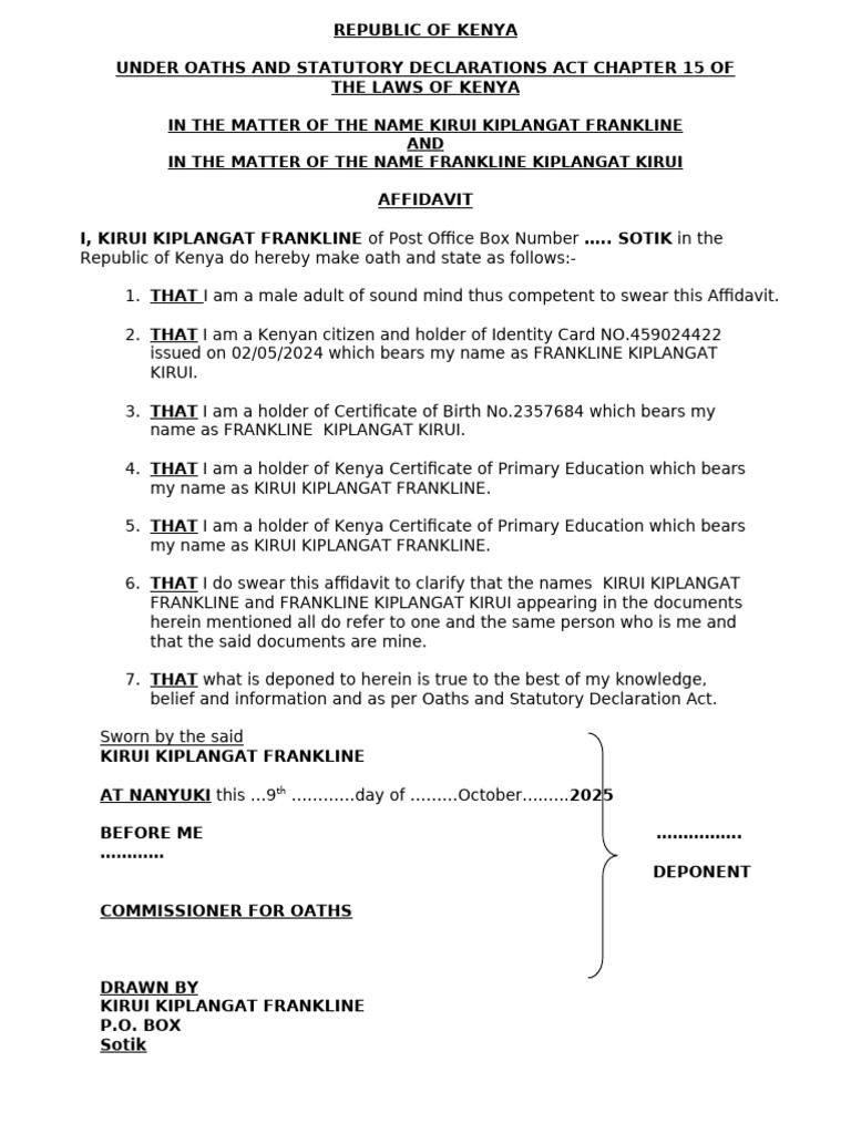 Affidavit of Name Clarification in Kenya | PDF
