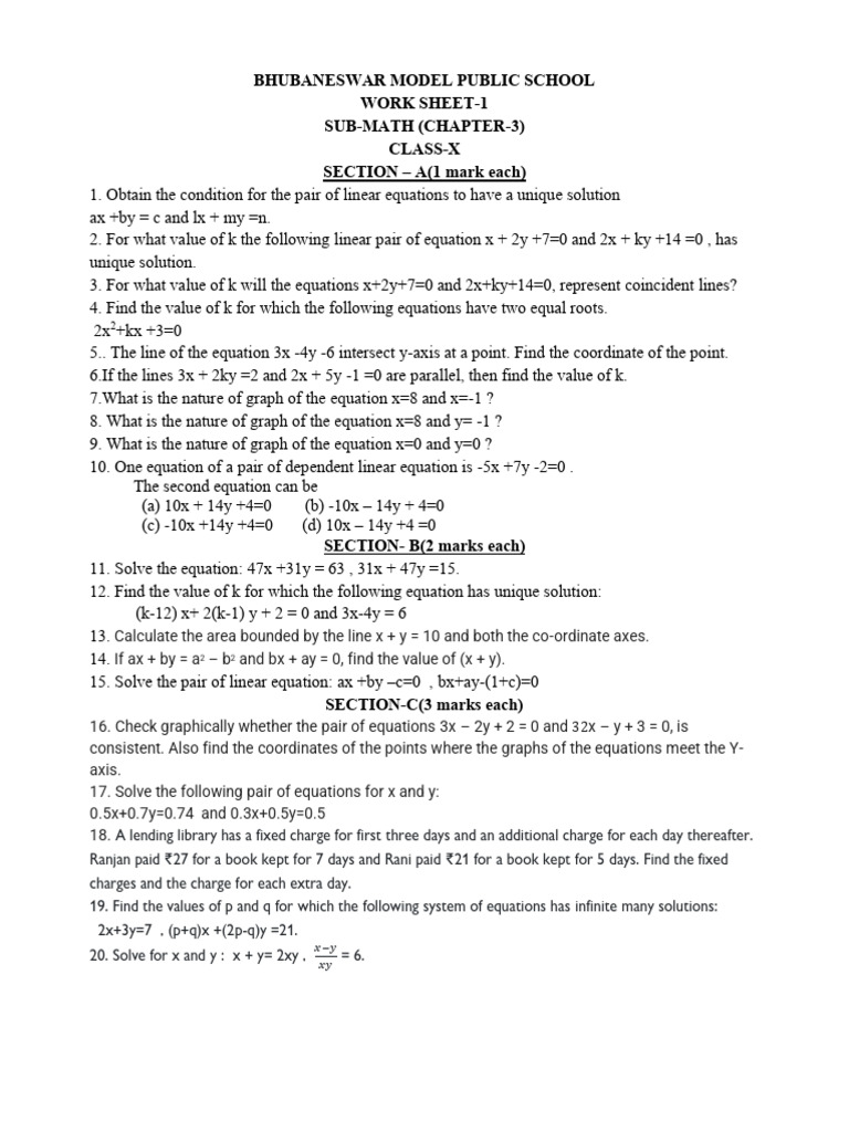 Math Worksheet for Class X Students | PDF | Equations | Speed