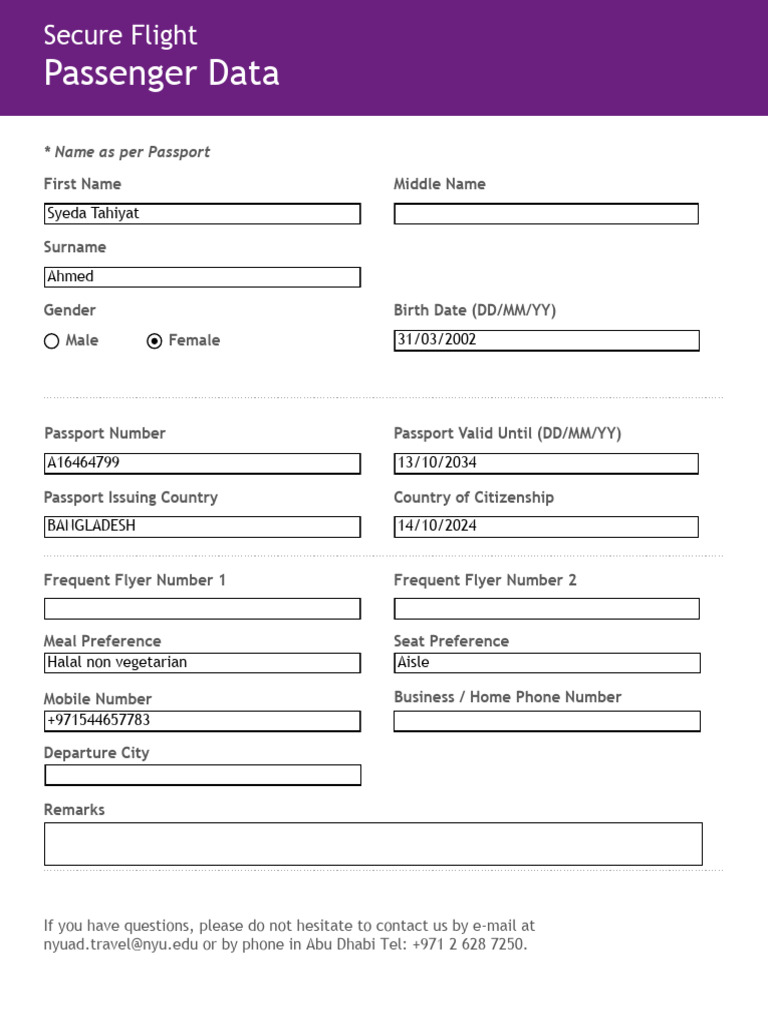 Secure Flight Passenger Data Form | PDF