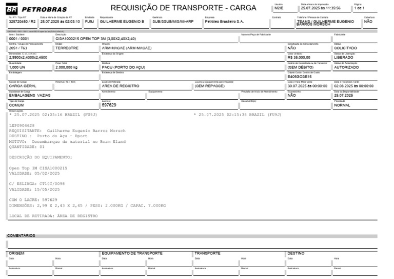 Requisição de Transporte Carga 3M | PDF