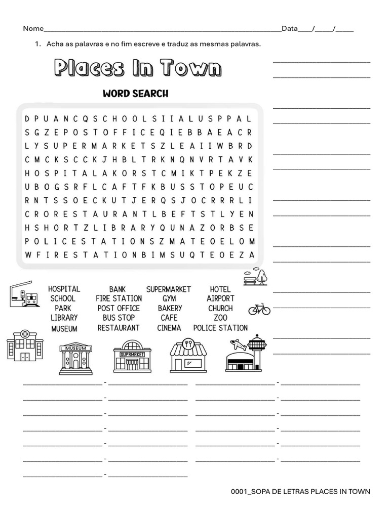 Atividade de Sopas de Letras: Lugares na Cidade | PDF