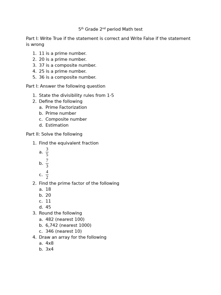 5th Grade 2nd Period Math Test | PDF