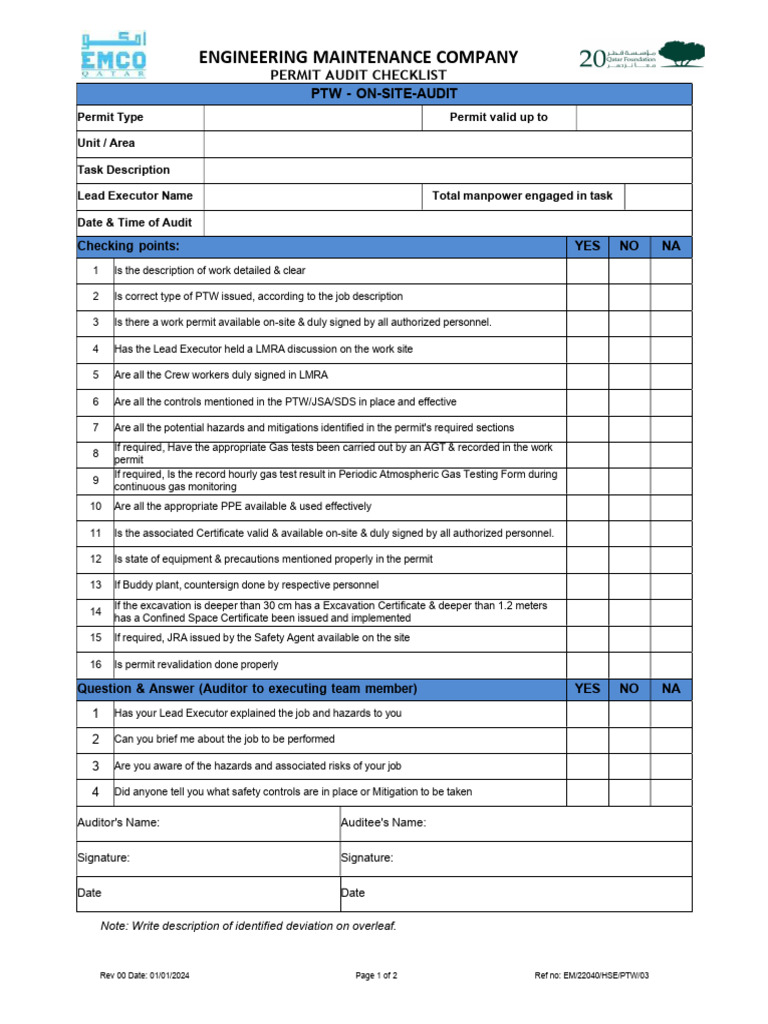 Permit Audit Checklist for Safety Compliance | PDF | Working Conditions ...