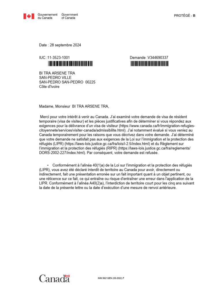 Refus de visa de visiteur pour Canada | PDF | Visa (Document) | Passeport