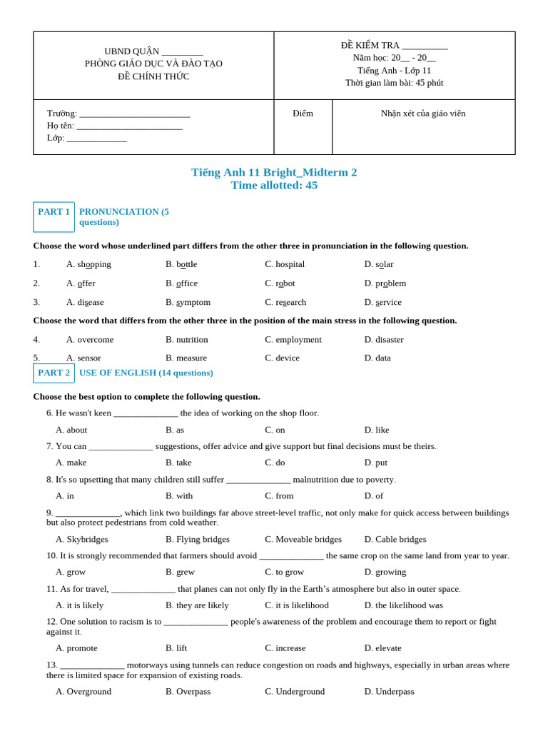 English Test for Grade 11 Students | PDF
