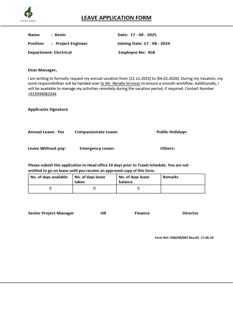 Leave Application - Kevin | PDF