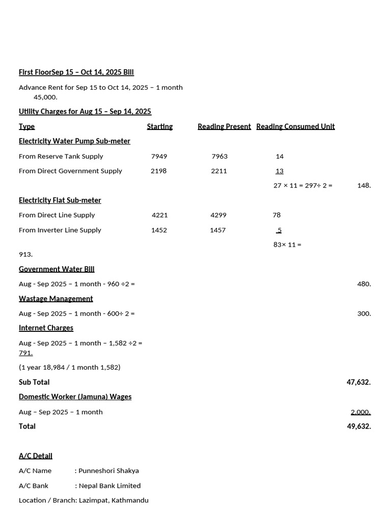 First Floor Bill Summary: Sep-Oct 2025 | PDF