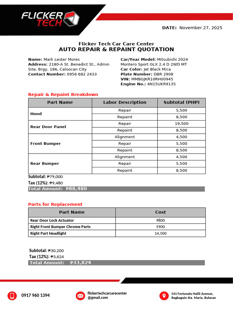 Auto Repair & Repaint Quotation | PDF | Motor Vehicle | Vehicle Technology