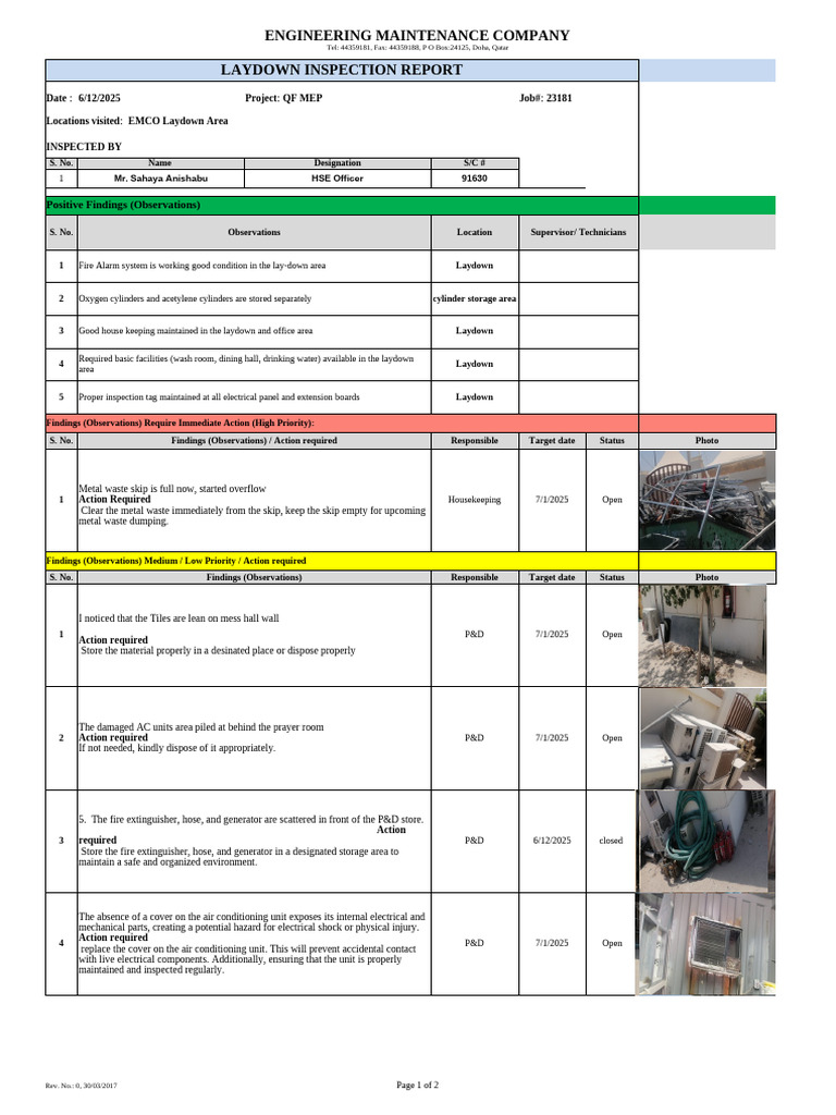 Laydown Inspection Report for QF MEP | PDF