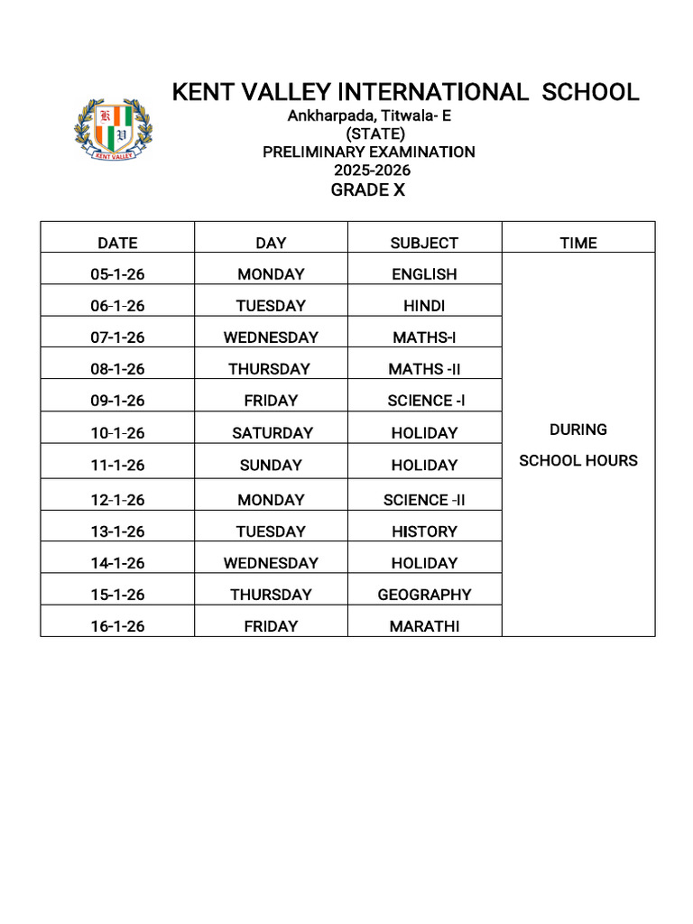 Grade X Preliminary Exam Schedule 2025-26 | PDF