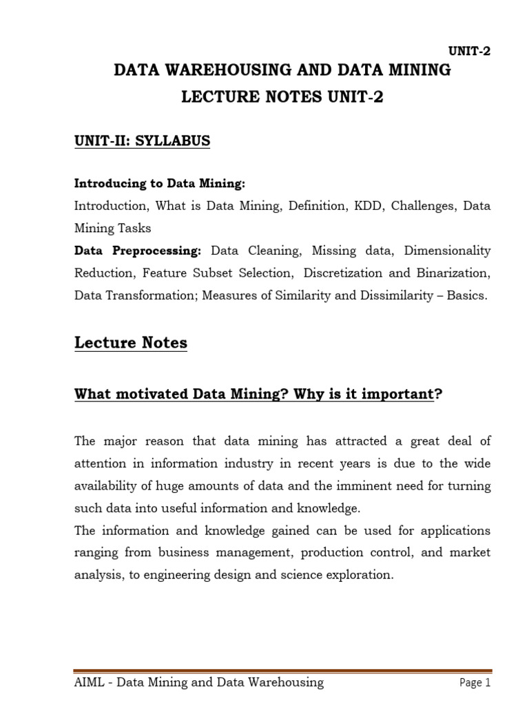 DWDM UNIT-2 Lecture Notes | PDF | Relational Model | Data Warehouse