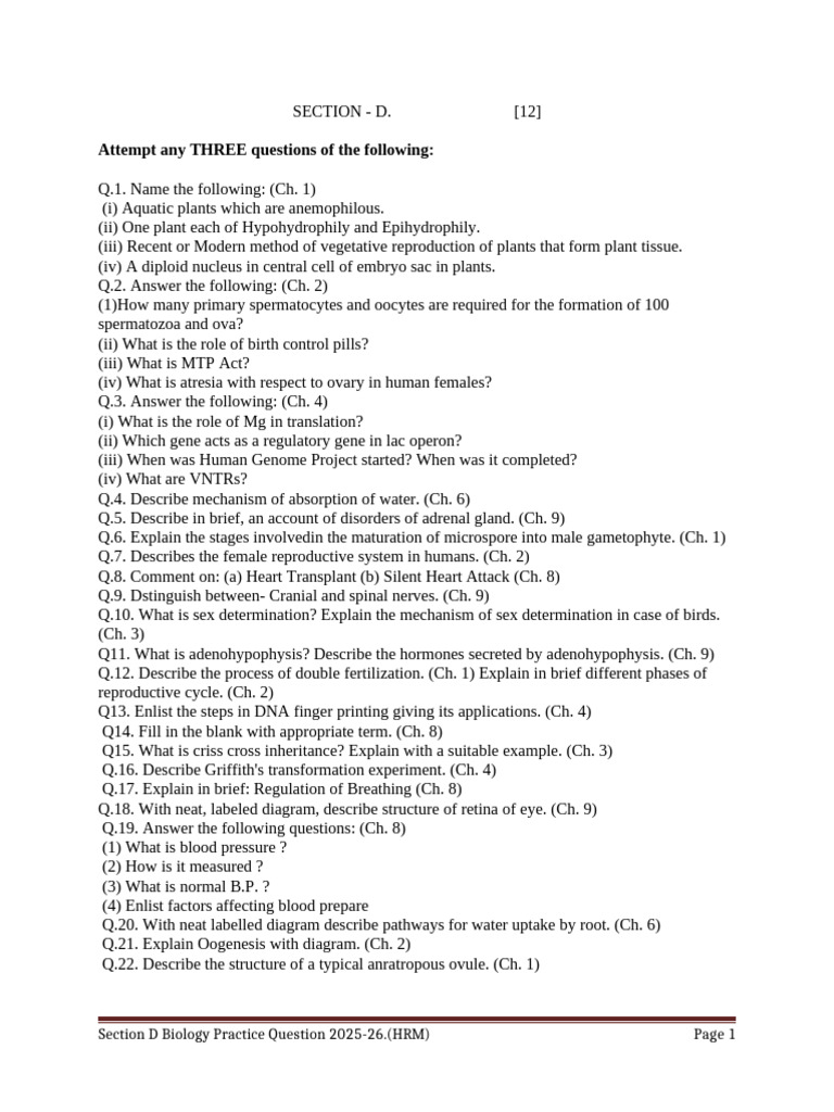 Biology Practice Questions 2025-26 | PDF | Ovary | Reproduction